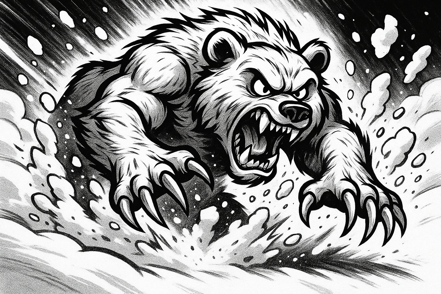 MAKE AN AGGRESSIVE CARTOON OF A BEAR SLASHING THROUGH SNOW IN A BLACK AND WHITE COLOR SCHEME